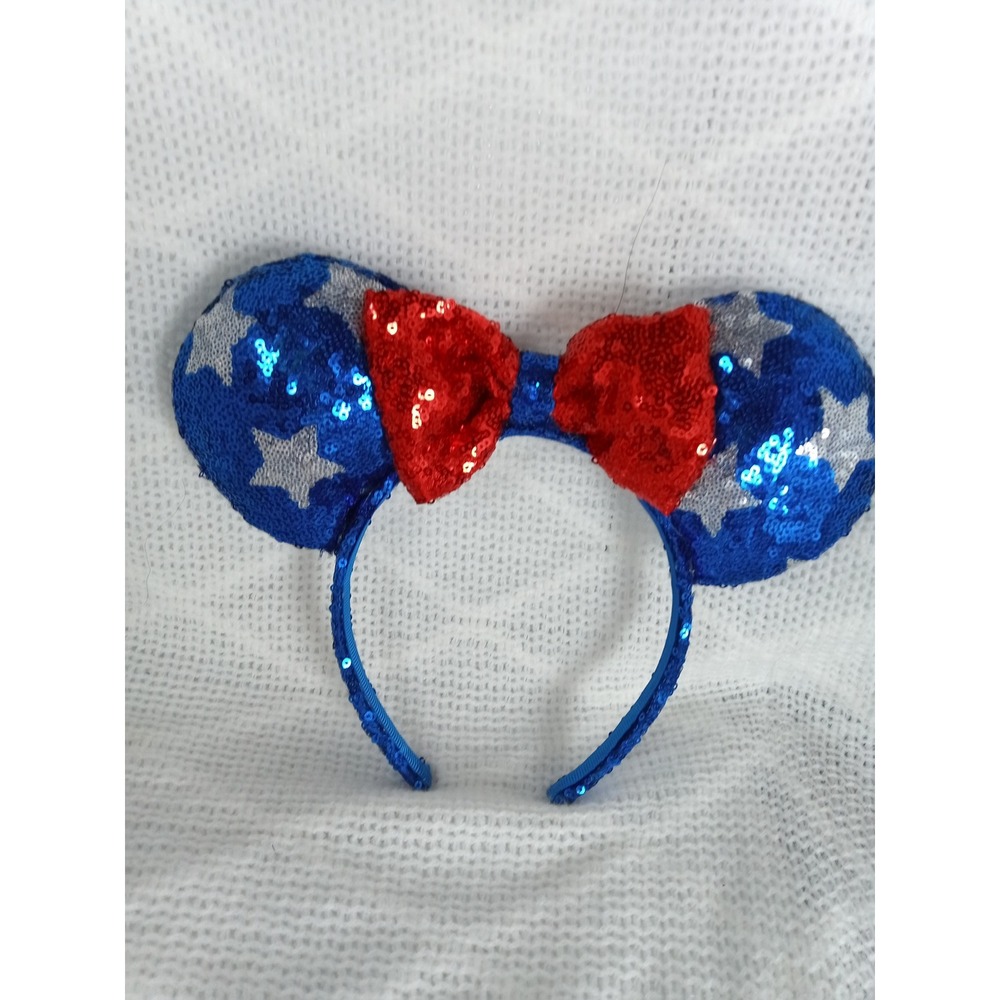 Disney Minnie Mouse Ears Headband Blue Red Silver Sequin Stars Good Preowned